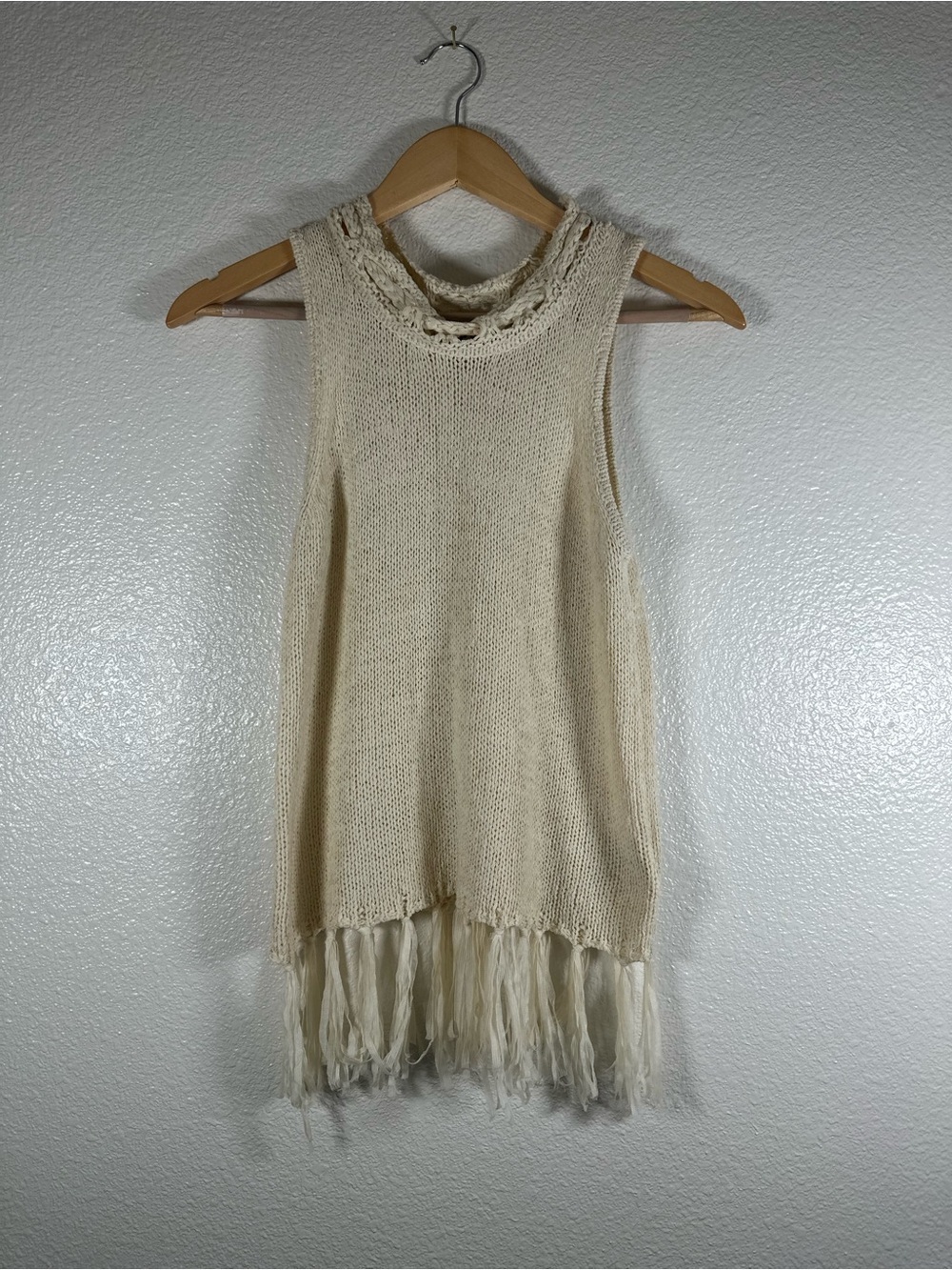 Anthropologie Boho Cream Fringe Sleeveless Knit Top Women’s XS - Picture 2 of 8
